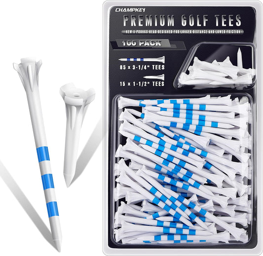 CHAMPKEY Premium 3 Prongs Plastic Golf Tees 50 Pack / 100 Pack | 85 Driver Tees with 15 Iron/Hybrid Tees Mixed Pack | Low Friction and Resistance Golf...